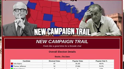 Play as a historical or fictional candidate and try to win a US presidential election. Answer questions about your platform, strategy, and popularity, and see how they affect your chances in different states. 